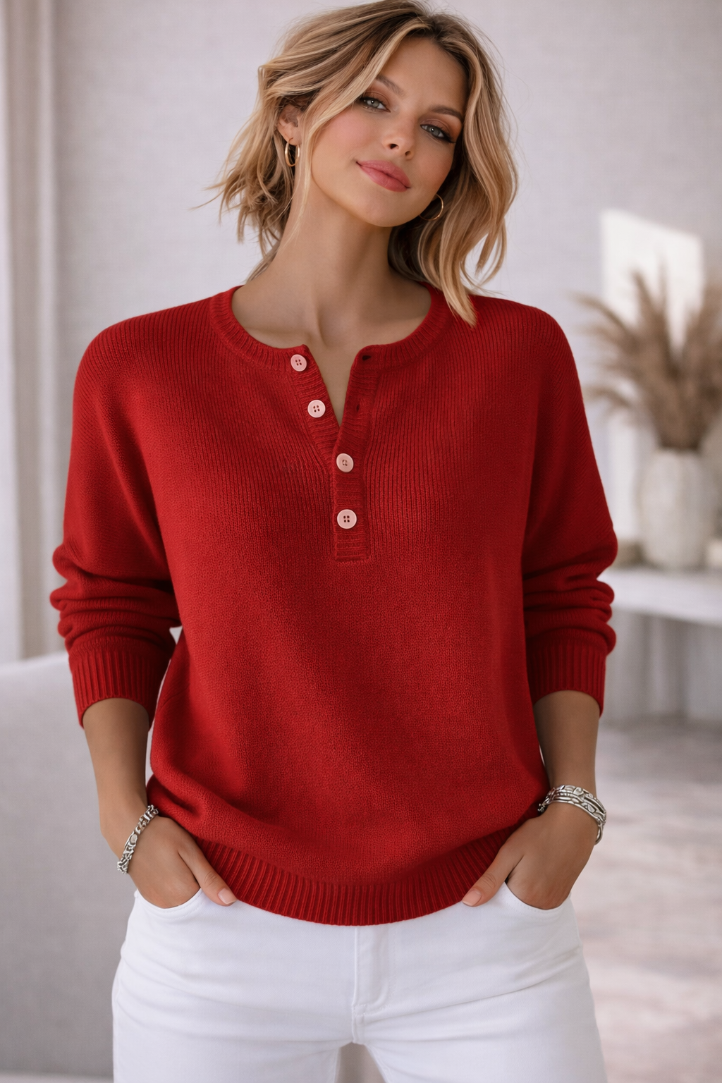CLEO | PINK BUTTON HENLEY SWEATER
