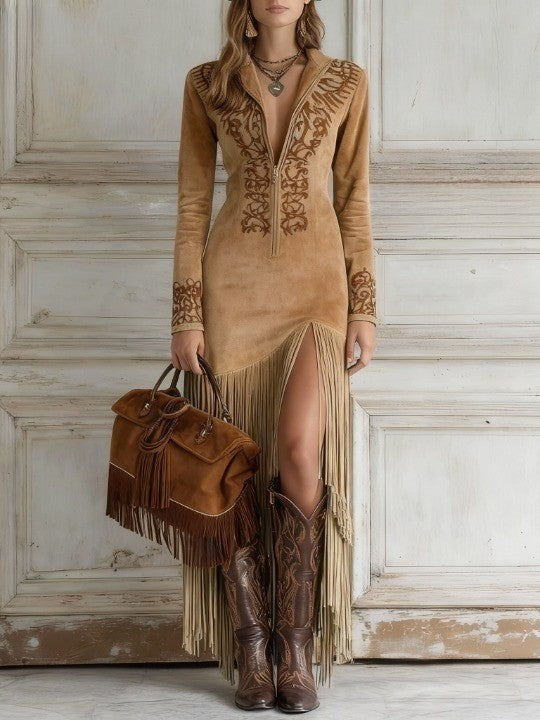 Maristella | Embroidered Fringe Maxi Dress